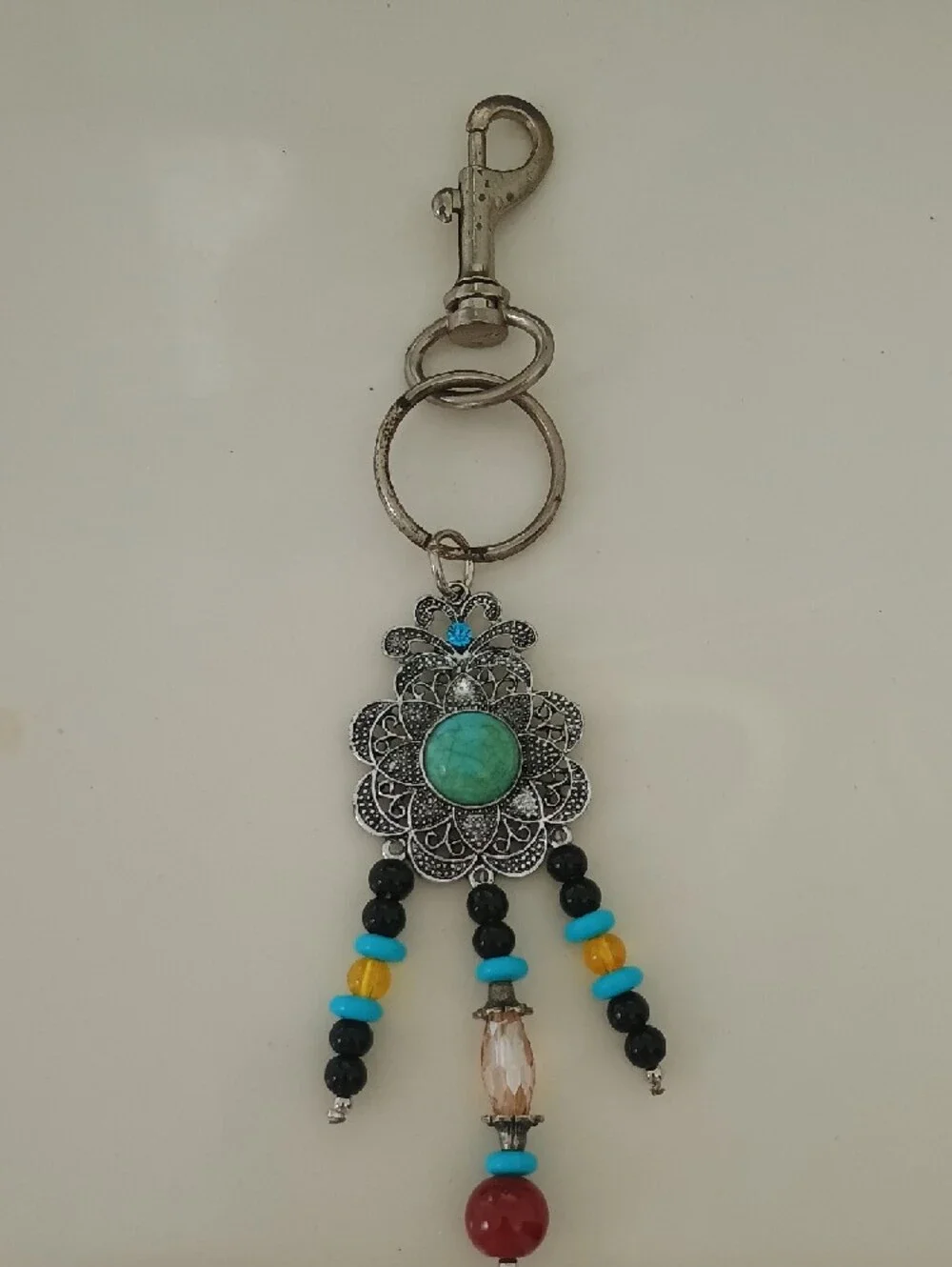 Boho Turquoise & Red Beaded Silver Keychain Charm